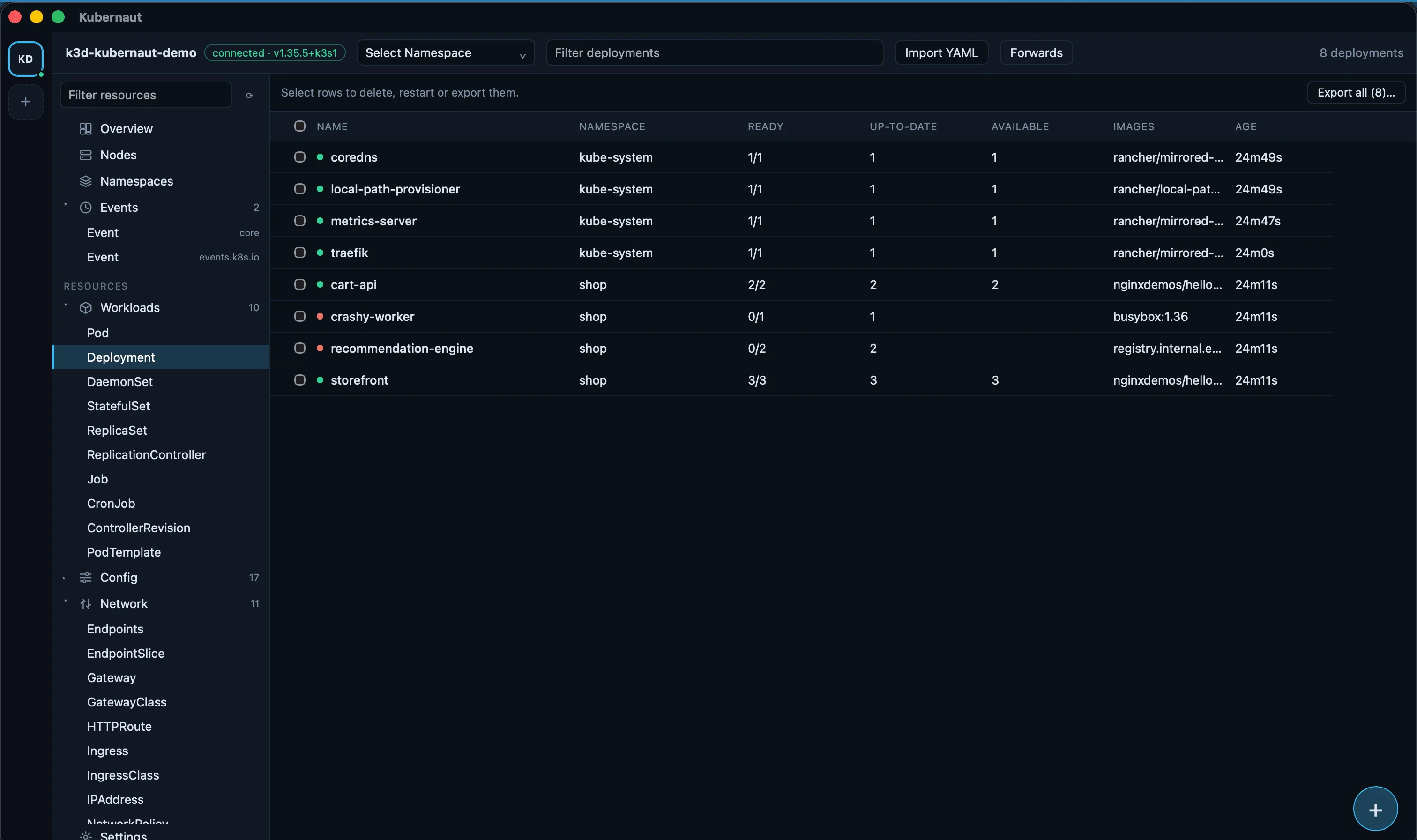 Kubernaut deployments table