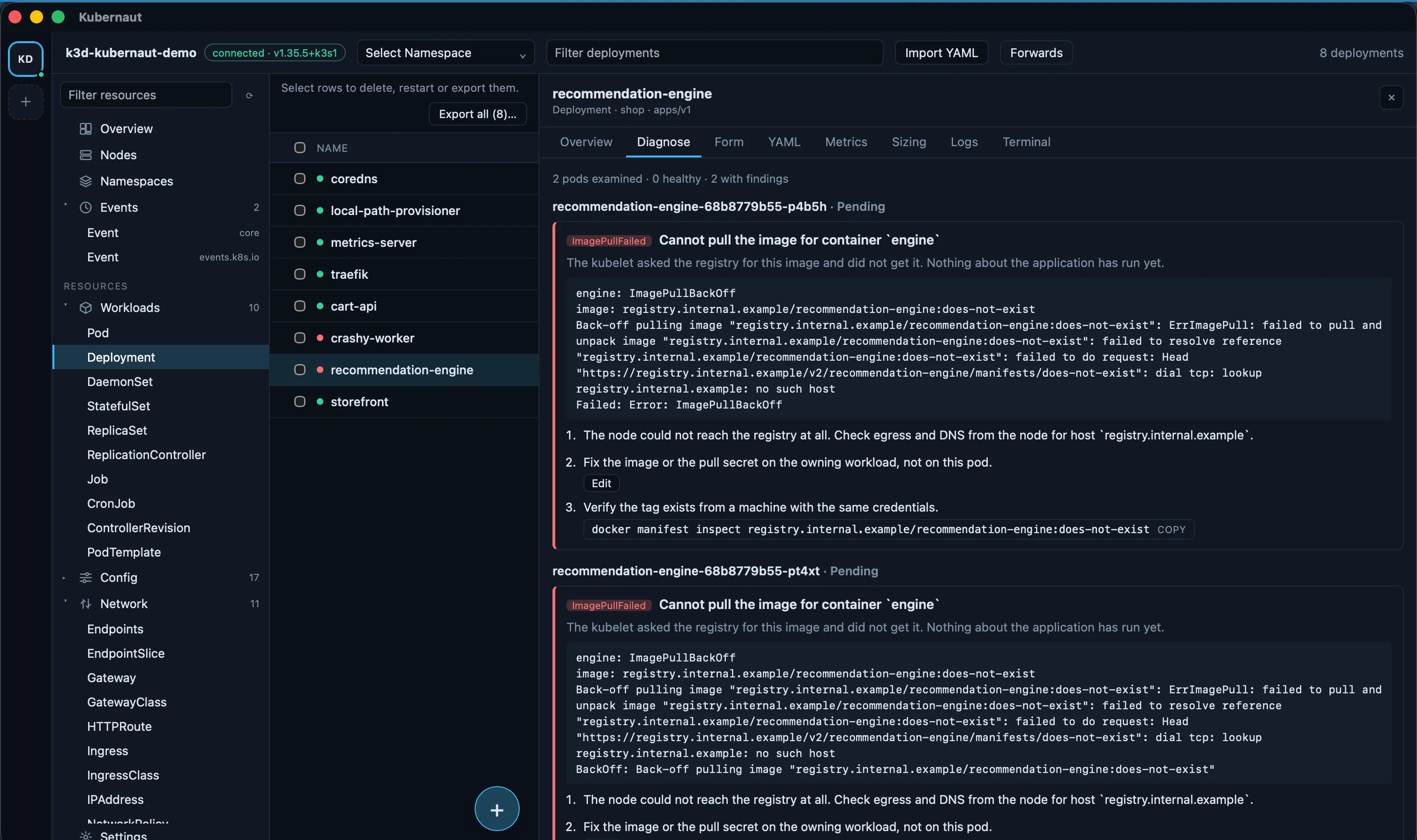 Kubernaut diagnostics panel